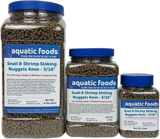 Snail & Shrimp 4mm Sinking 40% Protein Nuggets. Ideal for All Snails, Shrimp and Bottom Tropical Fish…4-lbs 12oz Jar