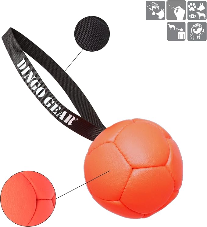 DINGO GEAR WWW.DINGOGEAR.COM 1977 Faux Leather Ball for Dog Training, as Reward for Fetch tug of war, for Strong Dog, Handmade, 5in Orange S02696