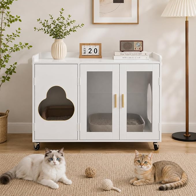 Cat Litter Box Enclosure, Large Cat Litter Box Furniture Transparent Glass Door, Fit Most of Litter Box, Modern Indoor Partitioned Cat House, End Table, 39.4 X 21.7 X 24.8 Inches, White