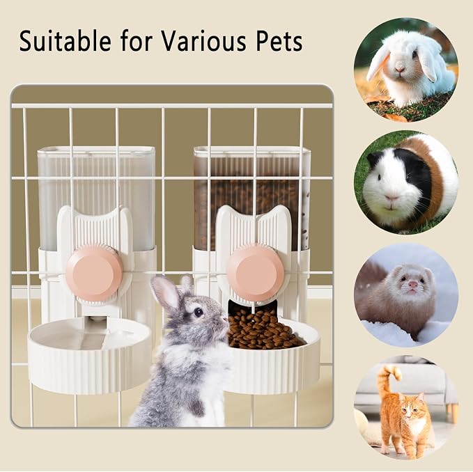 kathson Hanging Automatic Pet Food and Water Dispenser,Gravity Auto Rabbit Feeder for Cage,Guinea Pig Feeder and Waterer Set,Cat Food Bowl Dog Feeding Station for Bunny,Ferret,Chinchilla (Pink)
