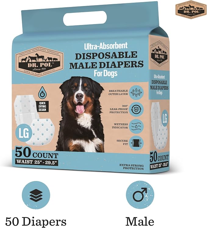 Dr. Pol Male Dog Diapers – Super Absorbent, Breathable, Leak-Proof with Wetness Indicator, Large, 50 Count