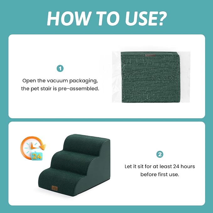COZY KISS Wide Dog Stairs for Small Dog 15.7" H, Pet Step for Puppy, Older Cat, Curved Ramp for Couch, Durable Anti-Slip Ladder with High Density Foam, 3 Step, 17.7x22.4x15.7 inch, Dark Green