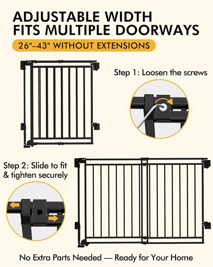 Baby Gate for Stairs, Doorways & Hallways with Auto Close – 26.4"-43" W x 39" H, Extra-Wide Walk Thru and No Bottom Bar for Easy Access, Adjustable Safety Gate for Dogs & Toddlers, Black