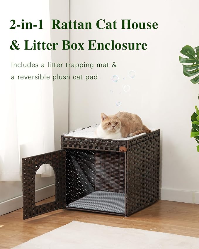SETVSON Cat Litter Box Enclosure Furniture with One Cat Bed Pad, Rattan Hidden Litter Box Handwoven Cat House with Two S-Shaped Hooks for Living Room, Bedroom, 18.5 x 20.5 x 19.1 Inch,Brown
