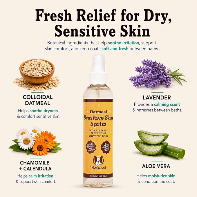 Natural Dog Company Sensitive Skin Deodorizing Spray 8 oz – Hypoallergenic Neutral-Scent Dog Spritz with Aloe, Oatmeal & Lavender – Free of Sulfates, Parabens & Artificial Fragrance