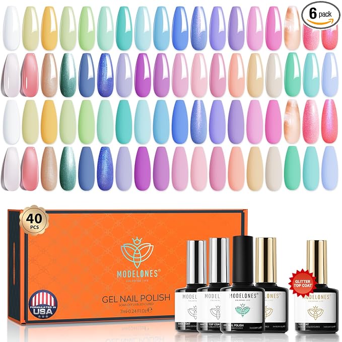 Modelones 40 Pcs Gel Nail Polish Kit, 36 Colors Dreamy Macaroon Pastel Gel Polish Colors Set Soak Off LED Soft Summer Bright Purple Pink Blue Yellow Green with Base Coat& Matte Glitter Glossy Top Coat