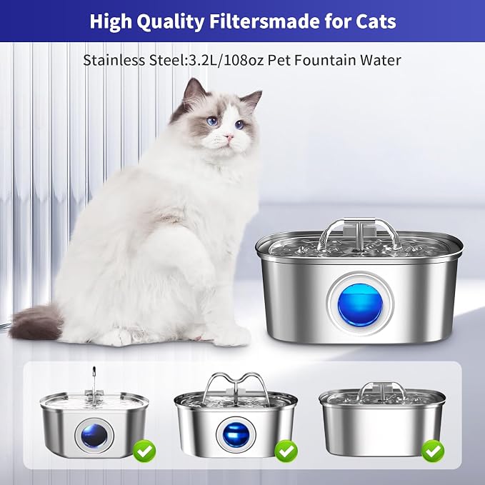 48 Pack Cat Water Fountain Replacement Filters & Pre-Filter Sponges, Includes 24 Filters & 24 Sponges for 108oz/3.2L Stainless Steel Pet Fountains – Compatible with Rellaty & Neareal