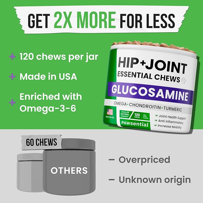 Glucosamine for Dogs - Joints Health Treats w/Omega Fish Oil - Natural Joint Pain Relief - Canine Hip and Joint Supplement w/Chondroitin + MSM + Turmeric + Calcium - 240 Beef Chews
