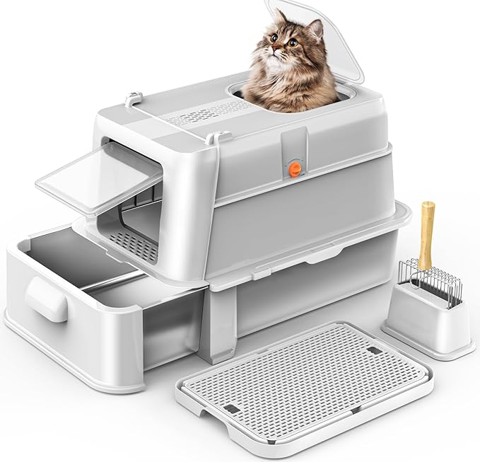 HEGGCOOE Enclosed Stainless Steel Cat Litter Box with Lid，XL Large Metal Cat Box with Drawer for Big Cats,Top Exit Kitty Litter Box Includes Scoop, Filter Pedal,Odor Control, Easy Cleaning