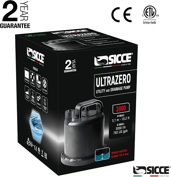 SICCE Ultra Zero 793 GPH Multi-Purpose Water Pump | Garden Hose Connection Portable Handle | Ultra Quiet Durable Aquarium Fish Tank Fountain Pond Hydroponics Terrarium Black | Freshwater & Saltwater