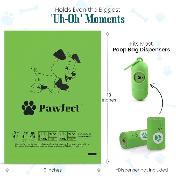 100% Home Compostable Dog Poop Bags - ASTM D6400 & EN 13432 Certified - 18 Rolls of Biodegradable Dog Poop Bags - 270 Bags