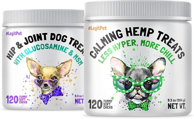 LEGITPET Calming Hemp Treats for Dogs 120 Soft Chews and Hemp Hip & Joint Supplement for Dogs 120 Soft Chews Bundle - Natural Pain Relief and Mobility - Dog Anxiety Relief - Made in USA