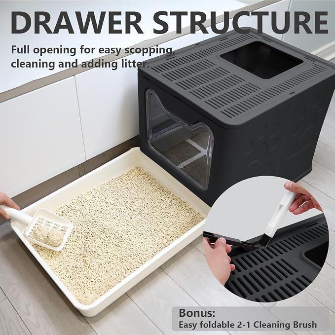 Foldable Cat Litter Box with Lid, Enclosed Potty, Large Top Entry Anti-Splashing Toilet, Easy to Clean Including Litter Scoop and 2-in-1 Cleaning Brush (Black)