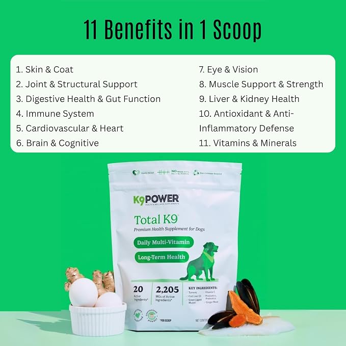 K9Power Total K9 – 11-in-1 Dog Multivitamin Powder – Daily Whole-Body Support for Digestion, Skin, Joints, Heart, Brain, Immunity & Energy – Turmeric, Ginger, Probiotics, Antioxidants, Omegas