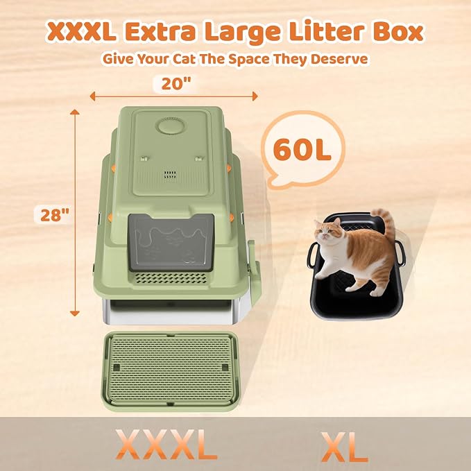 Homegroove XXXL Stainless Steel Litter Box with Lid, 28''x20''x18'' Extra Large Cat Litter Box with Litter Scoop & Pedal, Enclosed Metal Cat Litter Pan for Large & Multi-Cats, Anti-Leakage (Green)