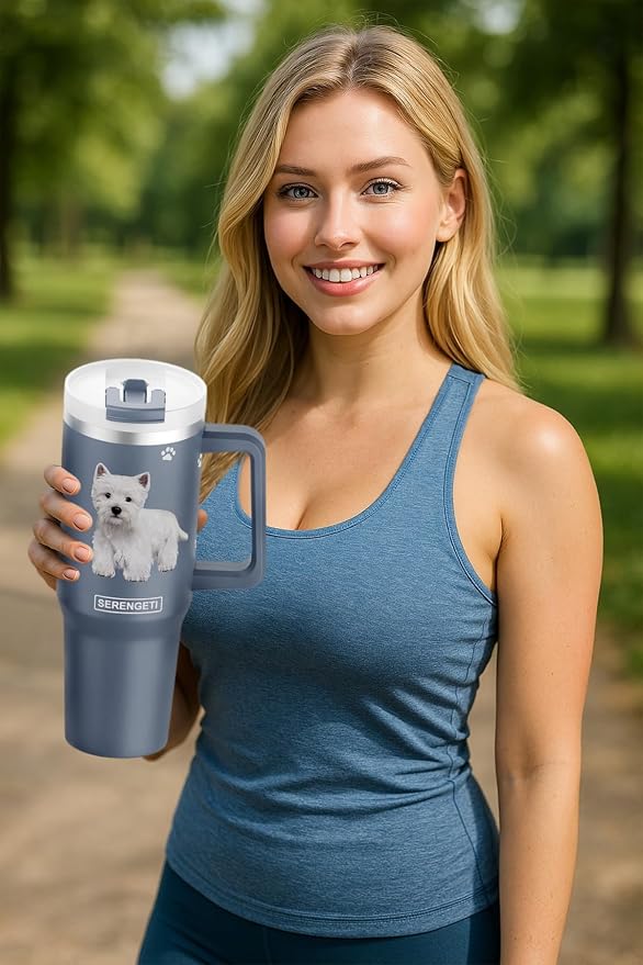E&S Pets SERENGETI 40 Oz Ultimate Tumbler with Handle and Straw - Vacuum Insulated Tumbler with Straw and Lid - Stainless Steel Travel Mug for Pet Lovers - 3D Designs of your favorite Dog (Westie)