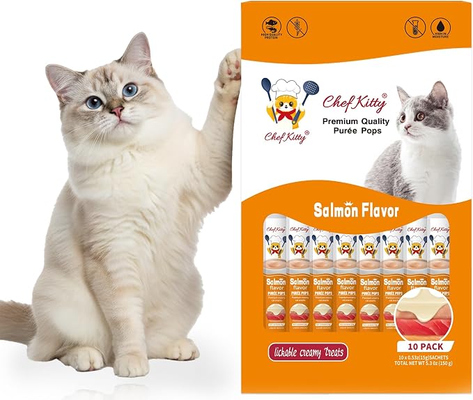 Cat Treats Lickable | Grain-Free Cat Food Toppers & Salmon Treats | Creamy Puree Squeeze Ups with Vitamin E & Taurine, Digestible Formula | 0.5 oz. Each Tube, Salmon Flavor | 10 Tubes