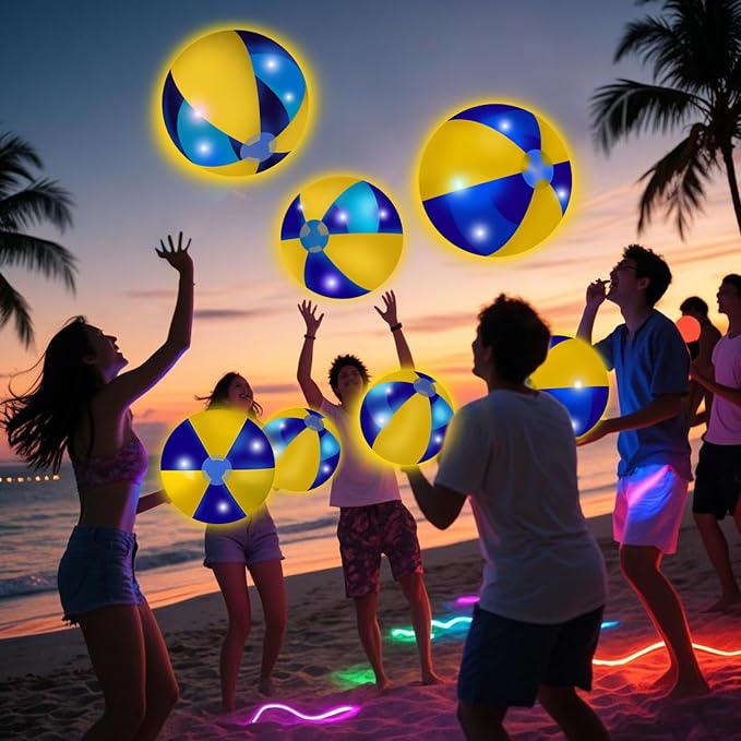 MiniInflat 12 Pcs Light up Beach Balls 16'' Jumbo Pool LED Balls Glow in the Dark Neon Giant Inflatable for Summer Hawaiian Tropical Theme Beach Party Decor Water Accessory (Yellow)