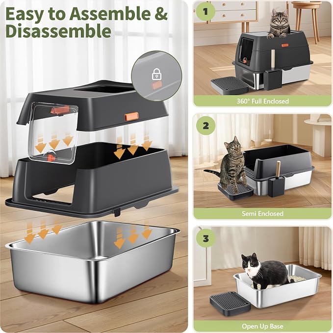 Gimars 3 in 1 High Sided Anti-Leakage Stainless Steel Cat Litter Box with Lid, Extra Large Enclosed Easy Cleaning Litter Box with Scoop, Front & Top Entry for Multiple Cats