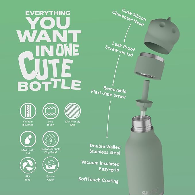 asobu Bestie Bottle Insulated Stainless Steel Water Bottle with Detachable Soft Animal Head Fun Drinking for Kids and Teens with Flexible Reusable Straw 16 Ounce (Dinosaur)