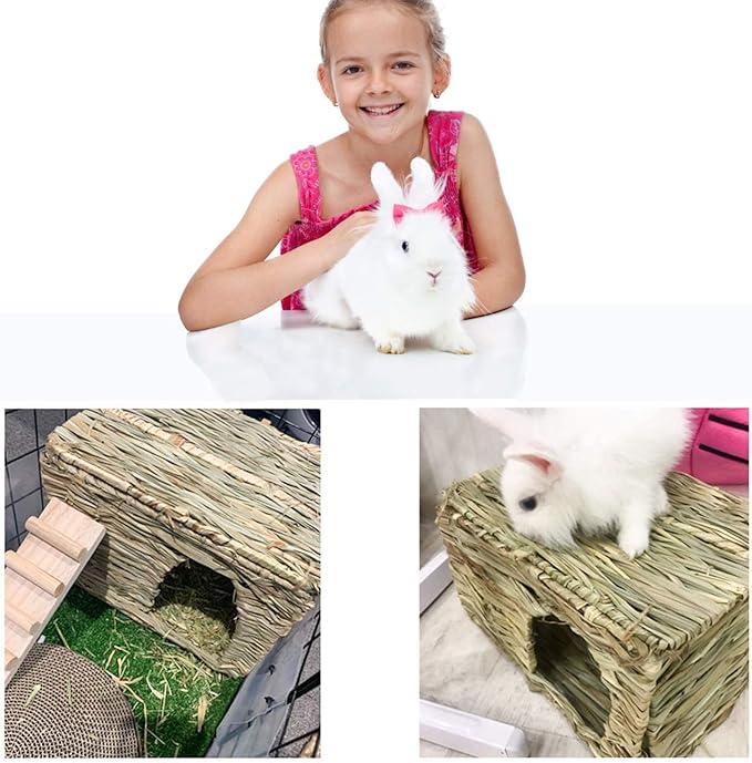 HERCOCCI Extra Large Grass House for Rabbit, Foldable & Comfortable - Small Animal Hut Play Hideaway Bed Hay Mat Chew Toy for Bunny Guinea Pig Hamster Chinchilla (2 Pack)