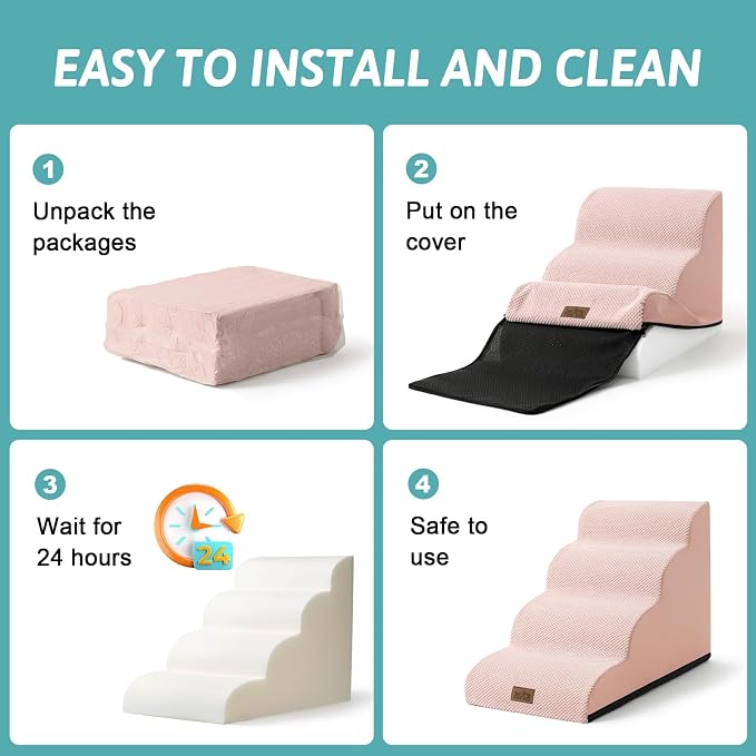 COZY KISS Dog Stairs for High Bed 22.6" H, Small Dog Step for Puppy, Older or Cat, Curved Ramp for Car, Ladder with High Density Foam, Lightweight, Durable, 15.7x33x22.6 inch, 5 Step, Pink