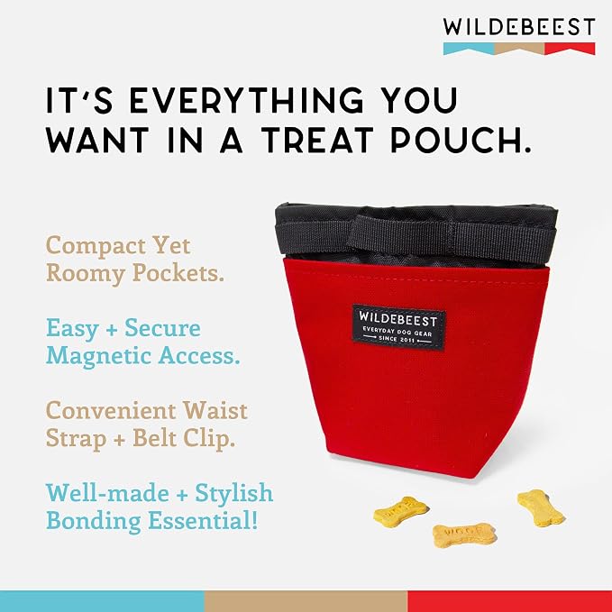 Wildebeest Dog Treat Pouch, Dog Treat Bag, Dog Training Treat Pouch, Dog Travel Bag, Pet Treat Pouch, Magnetic Closure, 2 Water-Resistant Compartments, Detachable Waist Strap & Belt Clip