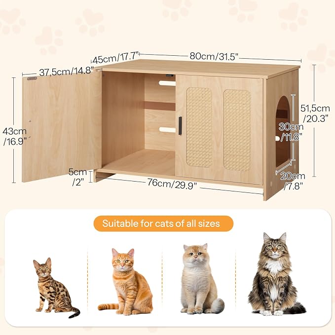 HOOBRO Farmhouse Cat Litter Box Enclosure, Hidden Litter Box Furniture with Side Entry & Vents, Litter Box Cabinet with Double Woven Doors, Side Table for Living Room, Bedroom, Natural NL33MW01