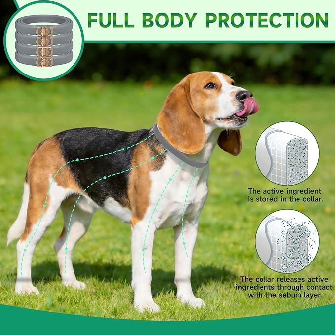 4 Pack Flea Collar for Dogs, 32 Months Flea and Tick Prevention for Dogs, Dog Flea and Tick Treatment, Adjustable Dog Flea Collars, Waterproof Dog Flea Treatment Collar, Flea Treatment for Dogs, Grey