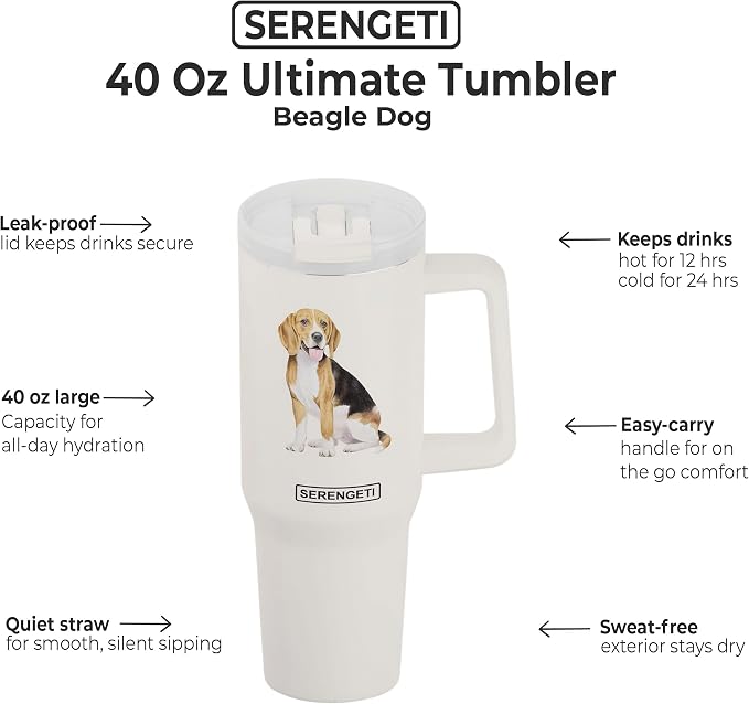 E&S Pets SERENGETI 40 Oz Ultimate Tumbler with Handle and Straw - Vacuum Insulated Tumbler with Straw and Lid - Stainless Steel Travel Mug for Pet Lovers - 3D Designs of your favorite Dog (Beagle)
