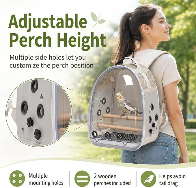 Bird Carrier Backpack for Small Medium Birds, Bird Travel Cage with Adjustable 2 Wooden Perches, Removable Tray, Feeder Cups Sunshade Cover,Bird Backpack for Parakeet Cockatiel Conure Quaker Lovebird