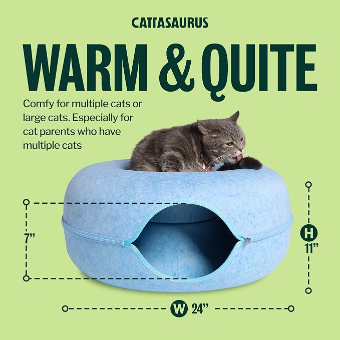 Cattasaurus Peekaboo Cat Cave Donut for Multiple & Large Cats up to 30-45 lbs, 3-in-1 Self Warming Cat Bed, Tunnel & Scratcher for Indoor Cats, Washable & Detachable Small Dog Bed (Blue, Large)
