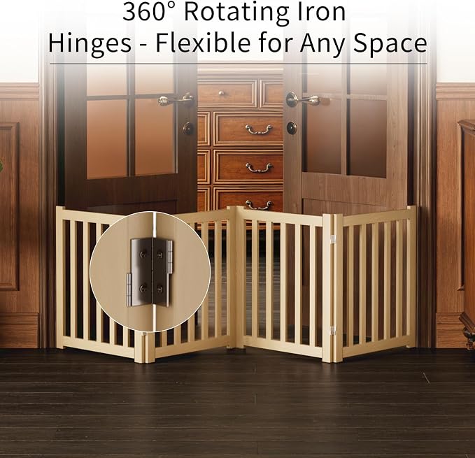 4-Panel Solid Wood Dog Gate - Freestanding Folding Pet Gate for Doorways, Stairs, Indoor, 24" Height, No Installation Needed, Natural Wood