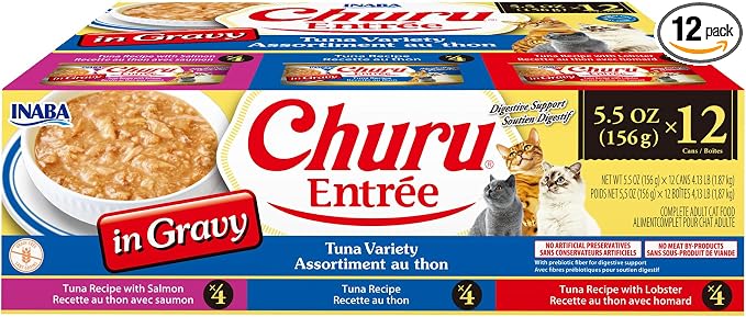 INABA Churu Entrée in Gravy for Cats, High Protein & Moisture, Prebiotic Wet Cat Food, 5.5oz. Can, 12 Cans Total, Tuna Variety