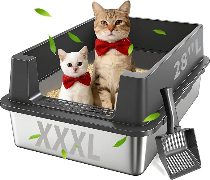 Stainless Steel Litter Box with Lid, XXXL Metal Litter Boxes for Big Cats and Kitten, Three Extra Large High Sided Littter Box,Odorless,Non-Stick,Easy Cleaning,Scoops Included (1, XXXL)