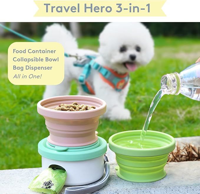 Travel Hero 3-in-1 Portable Pet Food Container for Puppies and Small Breeds, Comes with a Silicone Water Bowl and Poop Bag Dispenser in One, Glacier