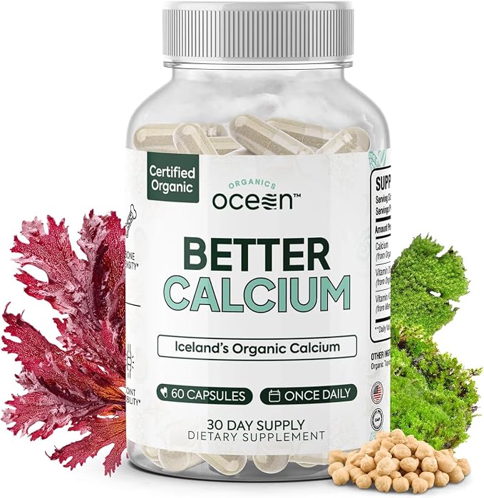 Organics Ocean Better Calcium - Organic Red Algae Calcium with Vitamin D3 and K2 Supplements - Supports Bone Structure, Joint Comfort & Encourages Healthy Aging - Plant-Based, Non-GMO - 1 Pack