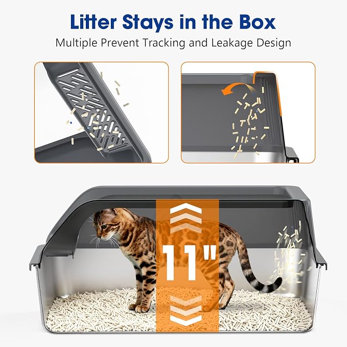 2 Pack Stainless Steel Litter Box with Lid, XL Metal Cat Litter Boxes High Sided Enclosed for Big Cat and Multiple Cats, Anti-Urine Leakage | Non-Stick Bottom & Includes Scoop
