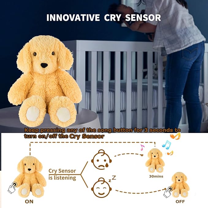 BEREST Newborns Musical Baby Sleep Soother, Mom's Heartbeat White Noise Machine|Dog Sleeping Aid with Cry Sensor|Night Light & 9 Sounds Therapy|Sleepy Puppy Stuffed Toy for Toddler Crib|Yellow