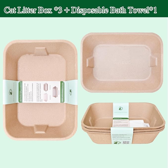 Disposable Cat Litter Box (3-Packs with 1-Towel) Eco Friendly 100% Recycled Paper Cat Tray,16.14 X11.81X3.94 Inch (Brown)
