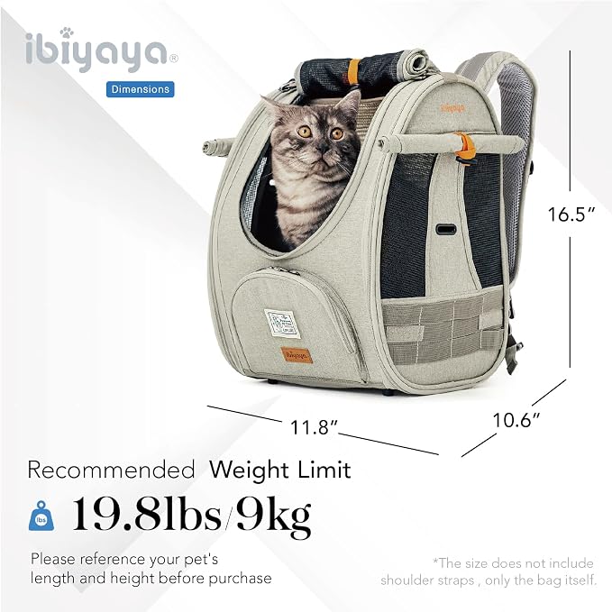 ibiyaya - Adventure Cat Carrier Backpack - Airline Approved Cat Backpack for Cats or Pets Under 19 Pounds - Ventilated Cat Backpack with Safety Tether, for Travel, Hiking, and Outdoor Use - Gray