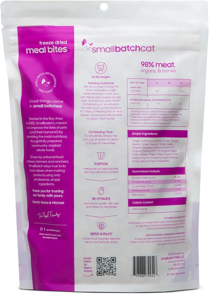 smallbatch Freeze-Dried Raw Cat Food, Shelf Stable Food Bites, Turkey Recipe, High Protein Meal or Topper for Cats, Humanely Raised Meat, Organic, Non-GMO Produce, Made in the USA, 10oz Bag