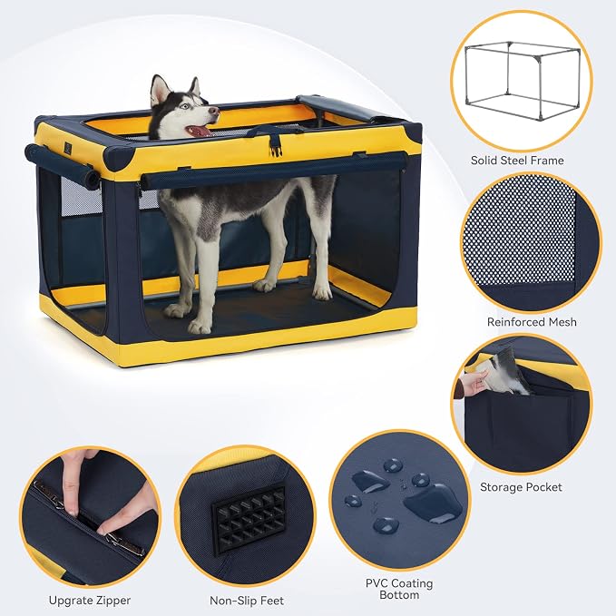 30" Collapsible Dog Crate for Medium Dogs - Portable Soft Travel Kennel with Lockable Zippers, Waterproof Base, Washable Cover, Patented Screw Frame for Adjustable Tension, Outdoor, Indoor, Car Use