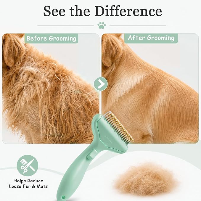 Dog Brush and Cat Deshedding Rake, Pet Grooming Tool for Shedding with Rounded Stainless Steel Teeth, Comfortable Grip for Long or Thick Coats (Style 2 Green)