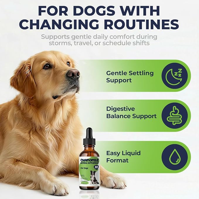 Chamomile for Dogs, Calming Drops for Dogs with Chamomile Extract, Supports Relaxed Behavior, Digestive Comfort & Daily Balance, Liquid Dog Supplement for Storms, Travel & Separation Stress, 2 fl oz