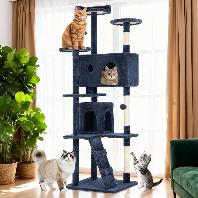 BestOffice 70 Inch Cat Tree, Multi-Level Cat Tower with Condo, Perches, Sisal Scratching Posts, Climbing Ladder,Indoor Activity Center Play House for Kittens & Adult Cats, Navy Blue