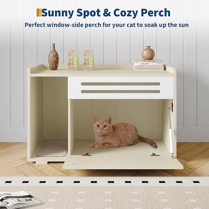 GarveeLife Cat Litter Box Enclosure Furniture Hidden Litter Box Cabinet Indoor Cat Washroom Pet House Dog Proof Hideaway Kitty Flip-Down Opening Litter Box Enclosure - Wood Color