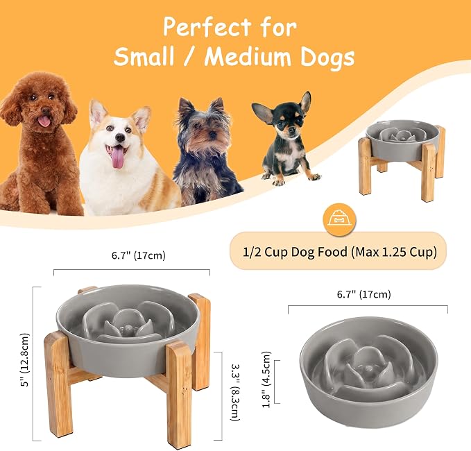 Elevated Slow Feeder Dog Bowl - Ceramic Maze Food Dish with Bamboo Stand - Raised Feeding Bowl for Fast Eaters Small and Medium Dogs - Grey