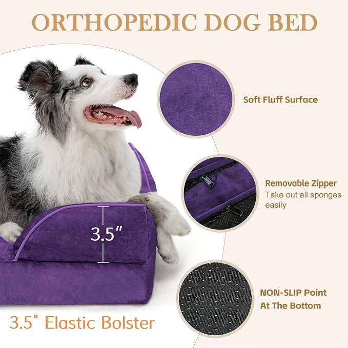 Comfort Expression Orthopedic Dog Bed for Medium Dogs 30x20 Inch, Waterproof Egg Crate Foam Medium Pet Bed with Removable Bolsters, Dog Couch with Washable Cover & Non-Slip Bottom, Deep Purple