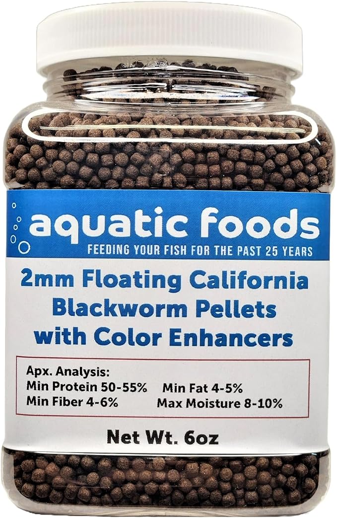 2 mm Floating Blackworm Pellets with Color Enhancers & Vitamins. Great for All Tropical Fish, Marine Fish, Cichlids, Carnivores, Discus, Coldwater Fish, Koi & Pond Fish…6oz Small Jar